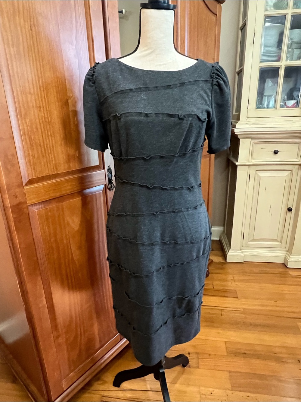 Suzi Chin for Maggy Boutique Charcoal Ruffle-Trim Sheath Dress
